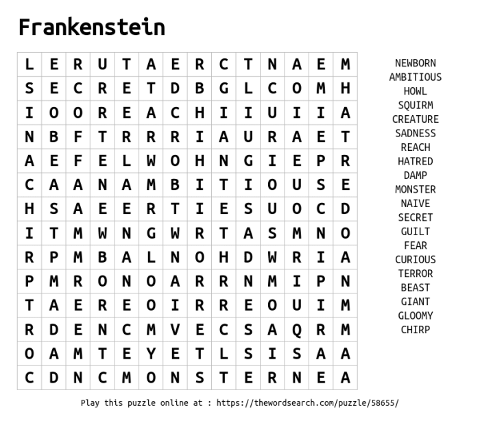 Frankenstein word search answer key